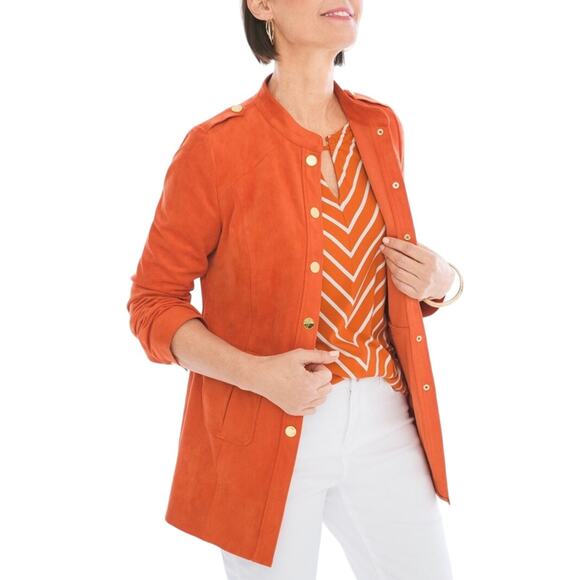 Chicos Womens Faux Suede Long Sleeve Orange Utility Jacket Chicos Size 0/4 - Picture 1 of 14